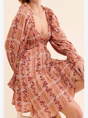 Free People Jackie Smocked Small Shirred Floral Mini Dress Double Lined Babydoll